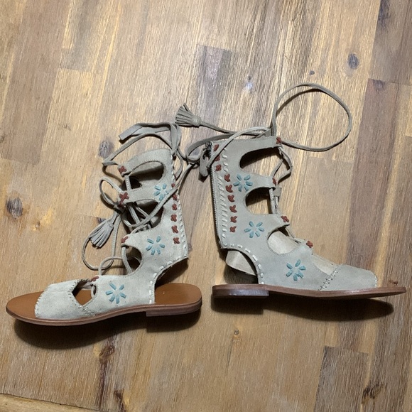 Musse & Cloud Hanne Women’s Taupe Suede Zip Gladiator Embroidered Sandals - Picture 11 of 16